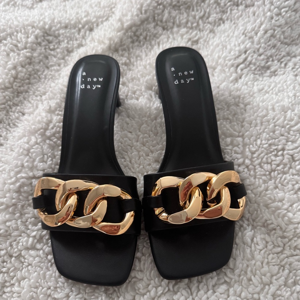 A New Day Black Mules with Gold Chain Accent